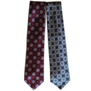 2 Jos A Bank Signature Textured Silk Tie 60" Medallions Burgundy Silver Gray